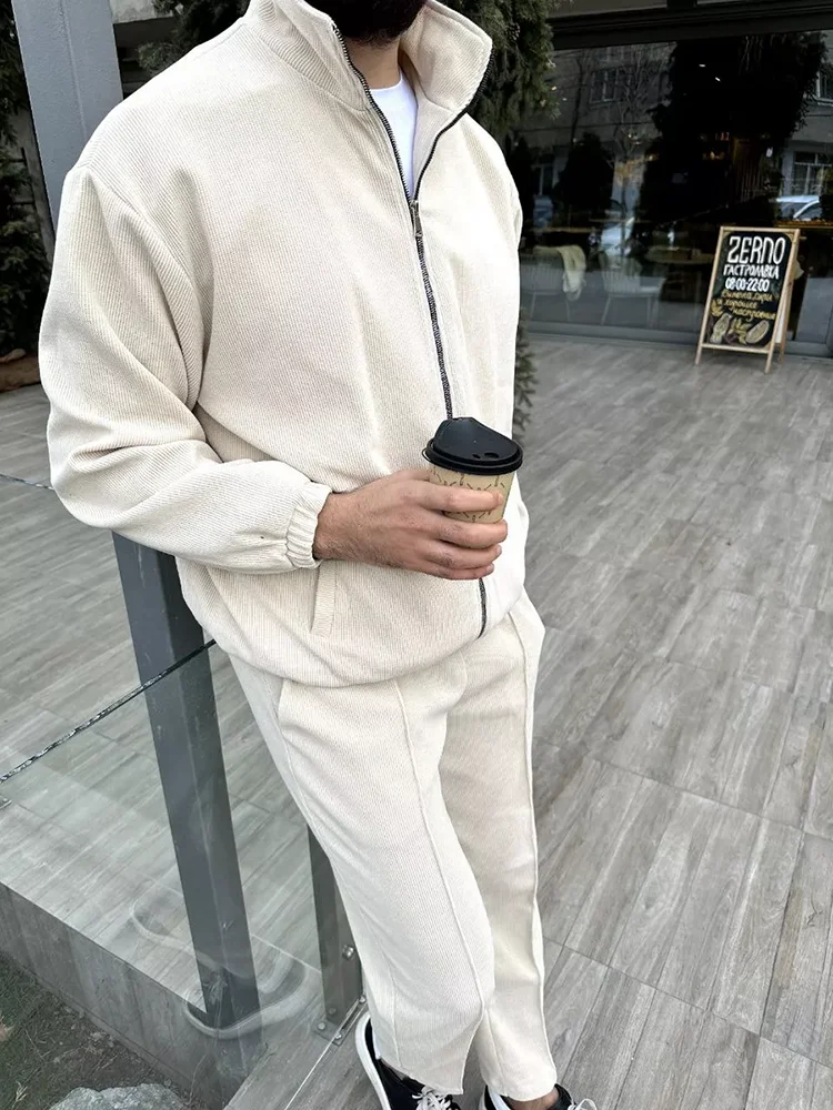 Streetwear Kurtka Dresy Mężczyźni Moda Slim Kurtki i spodnie z długim rękawem Dwuczęściowe zestawy dla mężczyzn Jesienne stroje codzienne