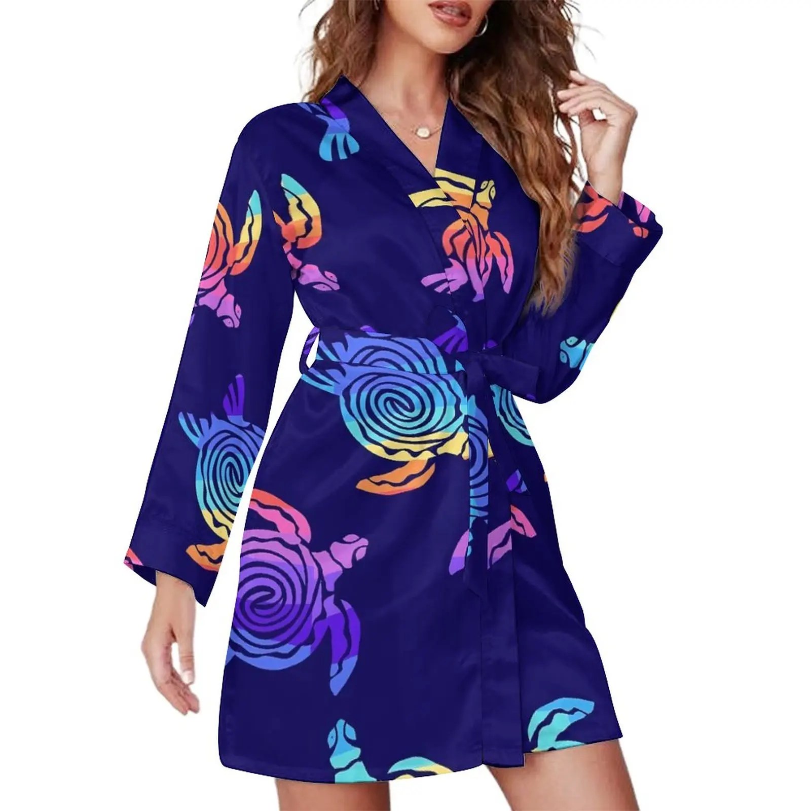 

Colorful Sea Turtle Pajama Robe V Neck Abstract Animal Soft Dresses Lady Long Sleeve Casual Nightgown Custom Pajamas Robes