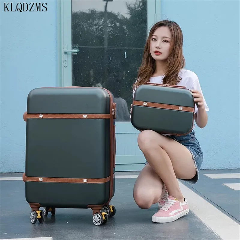 KLQDZMS 2PCS/SET 14inch New Cosmetic Bag 20/22/24/26 Inch Student Trolley Suitcase Set Swivel with Wheels Rolling Luggage