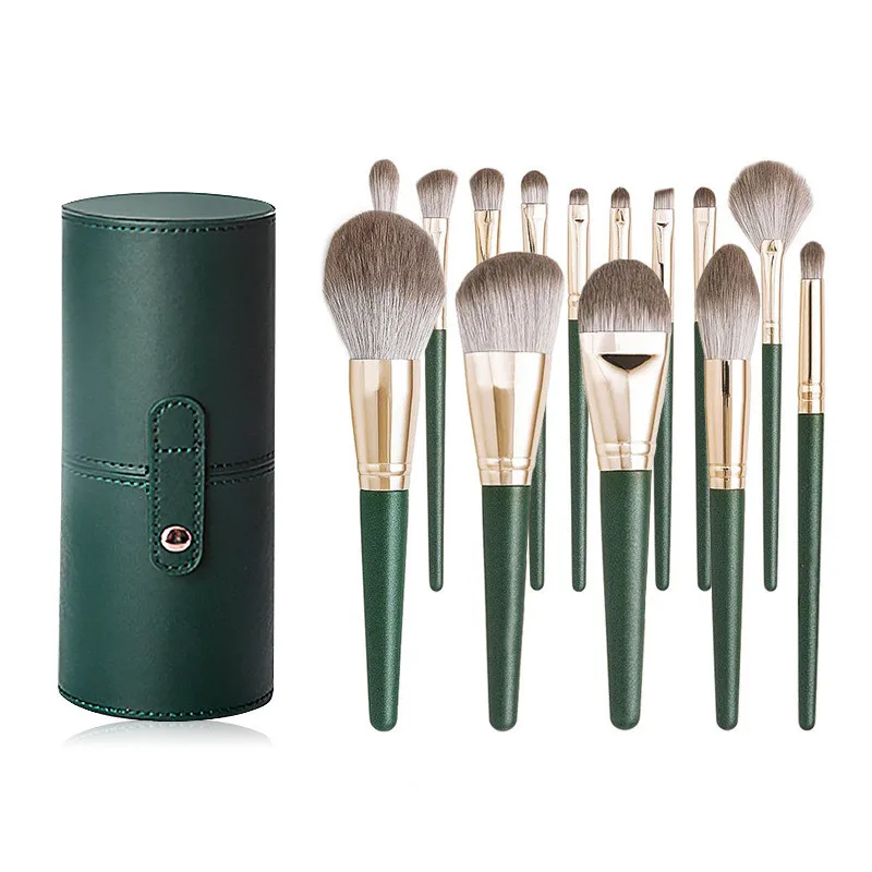 

PU Bucket Package Green 14Pcs Makeup Brush Set Foundation Blush Powder Eyeshadow Beauty Brush Set