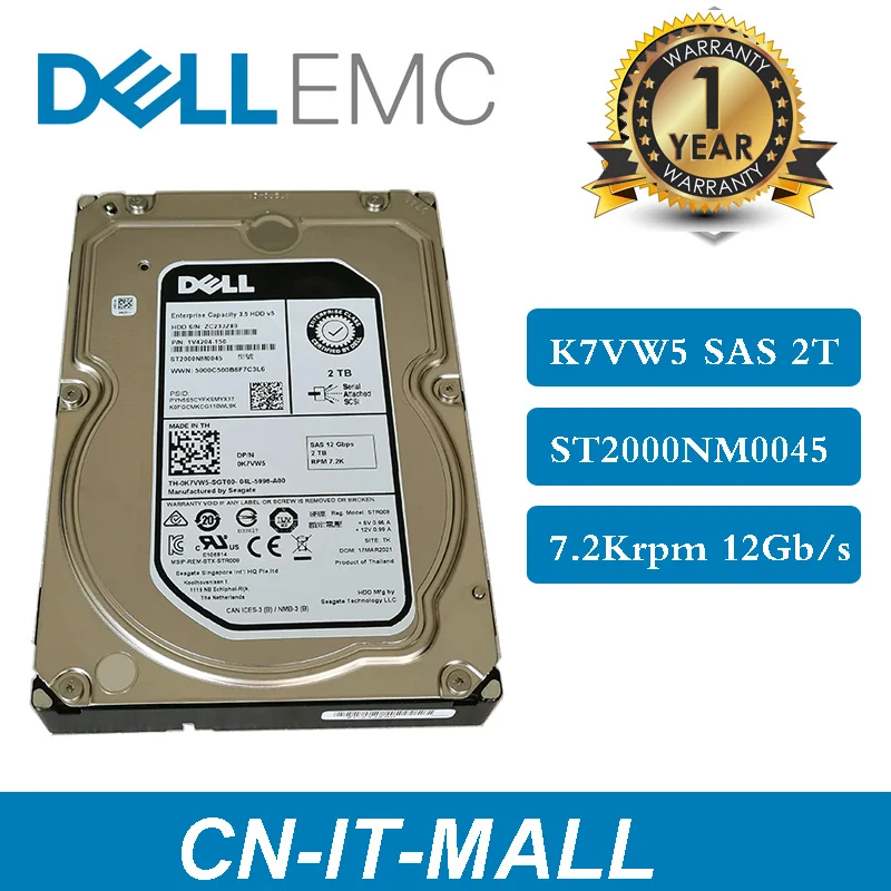 

NEW Dell 3.5 0K7VW5 ST2000NM0045 2TB 7.2K SAS 12G K7VW5 2T Server Hard Drive HDD