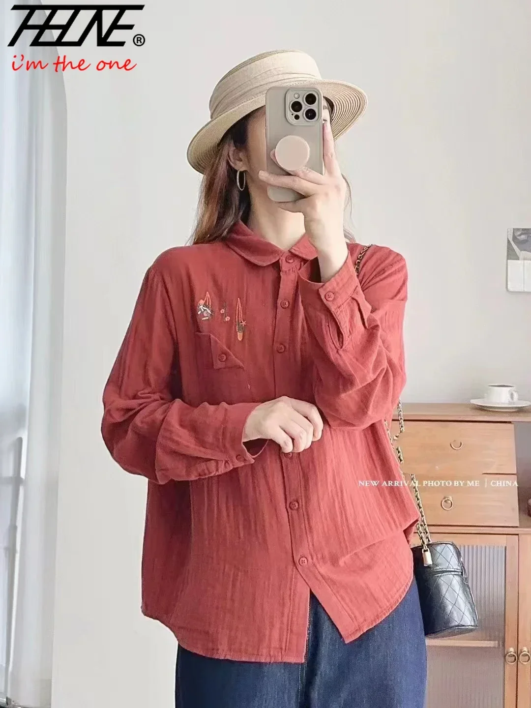 Женская блузка-рубашка с длинным рукавом и вышивкой