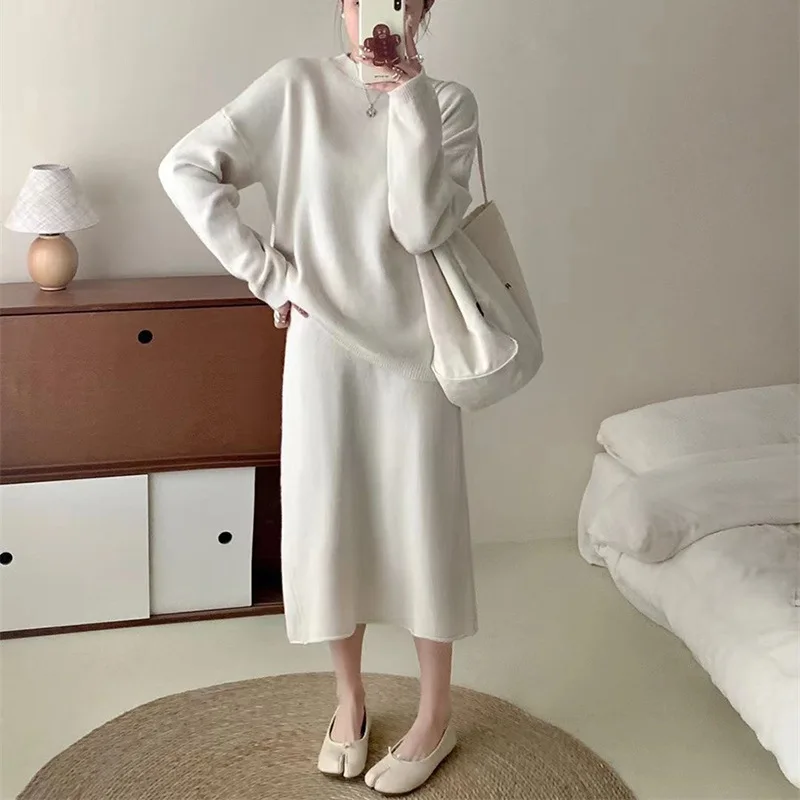 

Autumn Winter Women's Knitted Suit Solid O-Neck Long Sleeve Sweater Pullover Midi Straight Skirt 2-piece Set Casual Outfits Q322