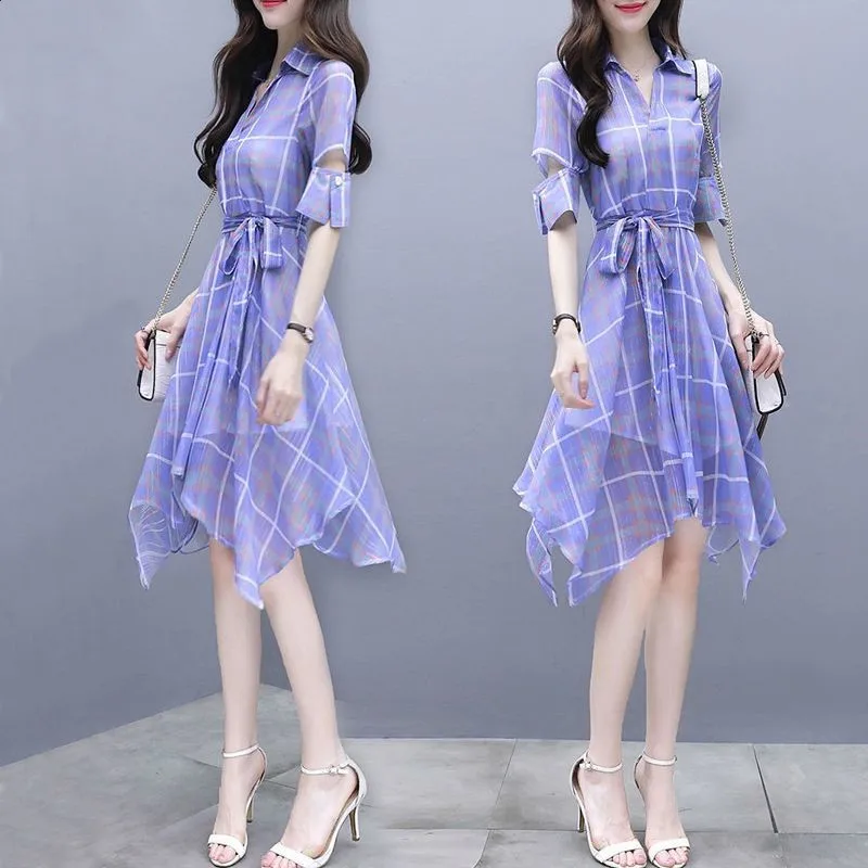 

COIGARSAM Women's Summer Dress New Plaid Chiffon High Waist Light Blue Dresses Dropshipping
