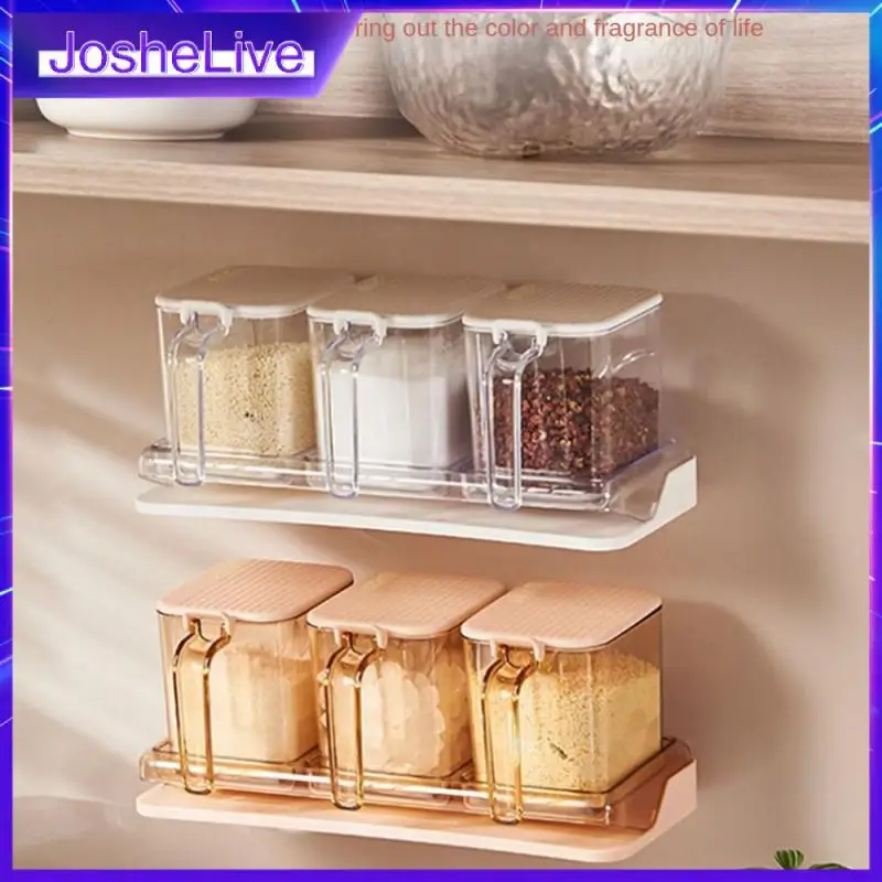 

Seasoning Can Wall-mounted Transparent Seasoning Box With Spoon Spice Case Rack Set Seasoning Storage Rack Kitchen Accessories