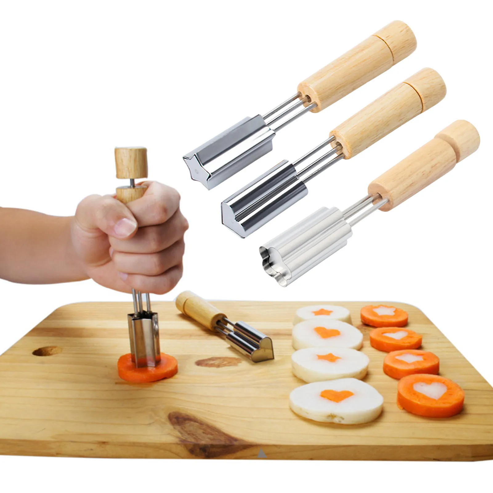 

Stainless Steel Vegetable Fruit Cutter Mold 3Pcs Flower Heart Star Shape Cookie Cutters Set With Wooden Handle For Kitchen