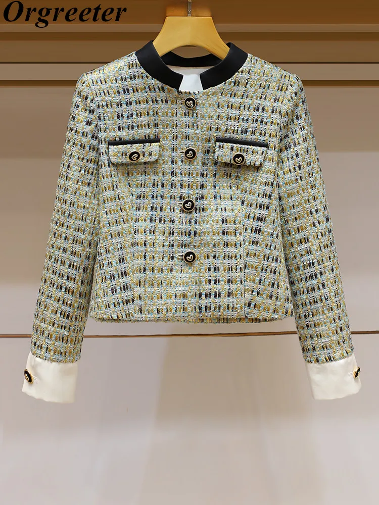 

Autumn Small Fragrance Wind Vintage Tweed Single breasted Matching Color Short Jacket Coat Women Stand Collar Jaqueta Feminina