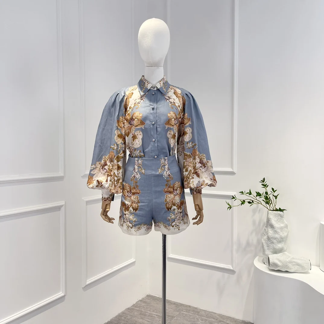 

Новое поступление, Высококачественная льняная синяя блузка с цветочным принтом и рукавами-фонариками и шорты, женские комплекты 2023