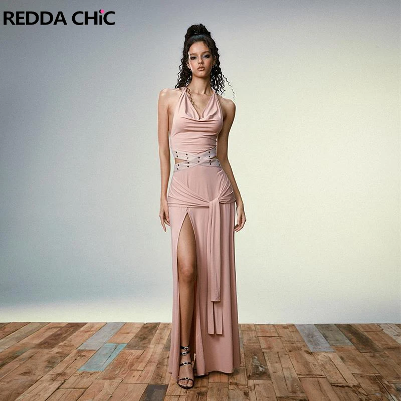 

REDDACHiC Pink Studded Desire Women One-piece Maxi Long Open Leg Backless Halter Sexy Hollow-out Chic & Elegant Evening Dress