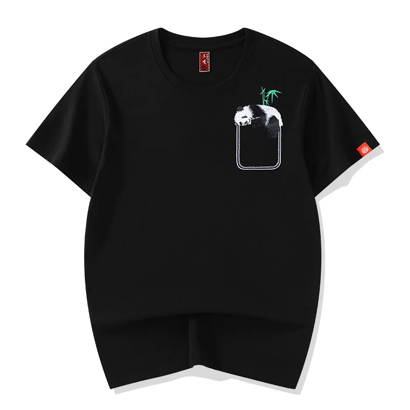 Футболка мужская с вышивкой панды модный Свободный Топ карманами тенниска