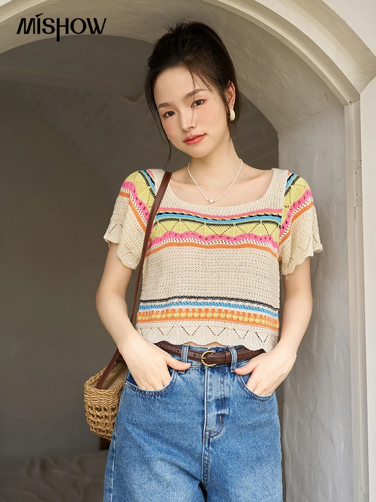 

MISHOW Colorful Square Neck Knitted T-shirt for Women 2023 Summer Retro Loose Female Tees Hollow Out Short Sleeve Top MXC35Z0067