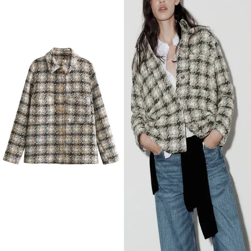 

TRAF Women New Fashion Plaid Textured Overshirt Vintage Lapel Long Sleeves Overshirt Autumn Winter Casual Lady Button Outerwear