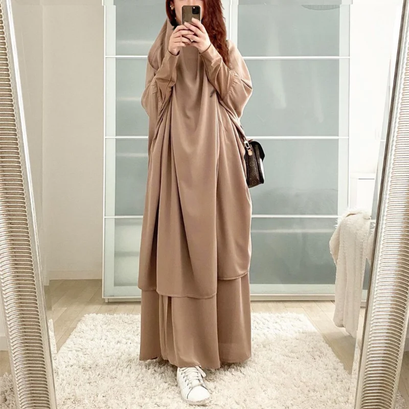 2023 Women 2 Piece Set Muslim Dress Eid Prayer Garment Jilbab Abaya Long Khimar Full Cover Ramadan Gown Abayas Islamic Cloth