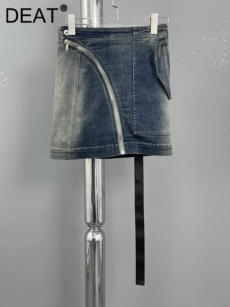 

DEAT Women's Denim Skirt High Waist Asymmetrical Patchwork Zipper Big Pocket Wrap Hip Mini Skirt 2023 Summer New Fashion 29L1777