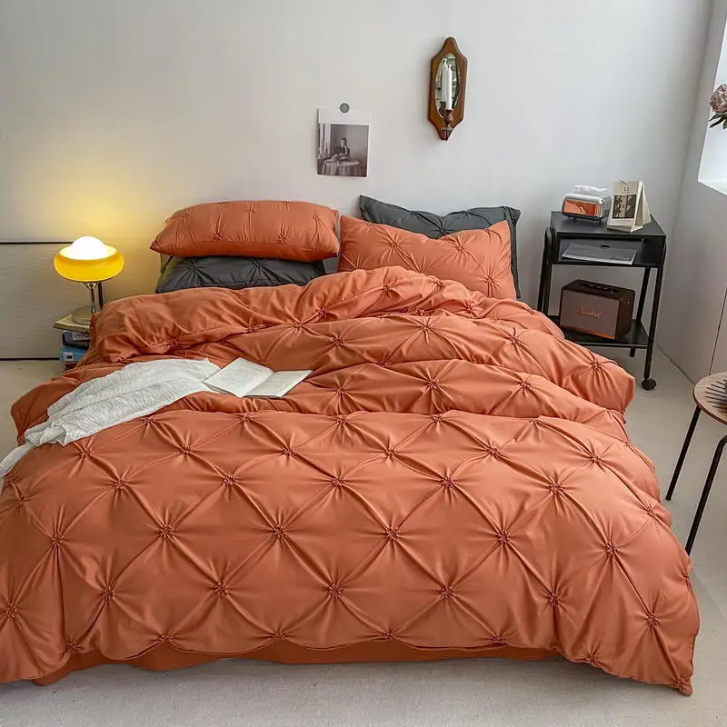 

Комплект постельного белья из 3/4 предметов, однотонное оранжевое Плиссированное постельное белье с плиссированным пододеяльником, Комплек...
