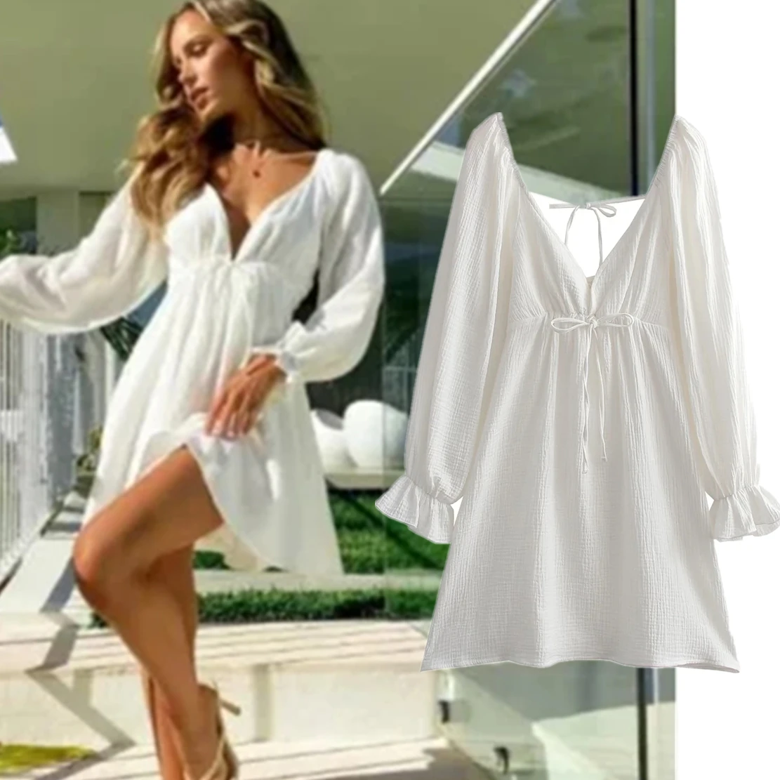 

Withered 22022 French Style V-neck Fashion Casual Pure White Cotton Beach Mini Dress Women