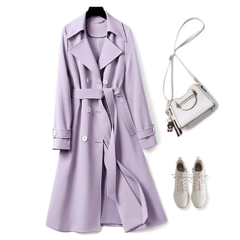 

Womens Purple Double Breasted Long Trench Coat 2022 New Lapel Long Sleeve Slim Windbreaker With Belt Fashion Spring Autumn