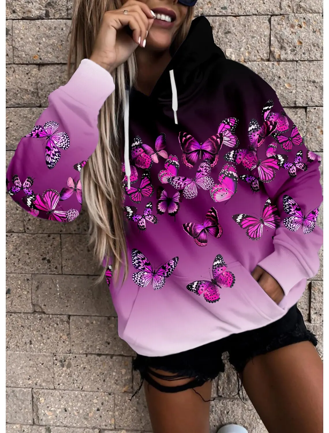 

Women's Hoodie Sweatshirt Pullover Sports Streetwear 3D Printing Pink Red Purple Butterfly Glitter Casual Hoodie Long Sleeves
