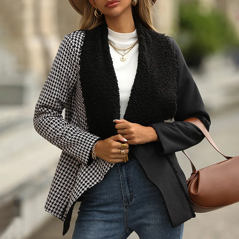 

Suit Women's Autumn and Winter Houndstooth Color Matching Suit Fashion Short Large Fold Collar Coat Blazer Women