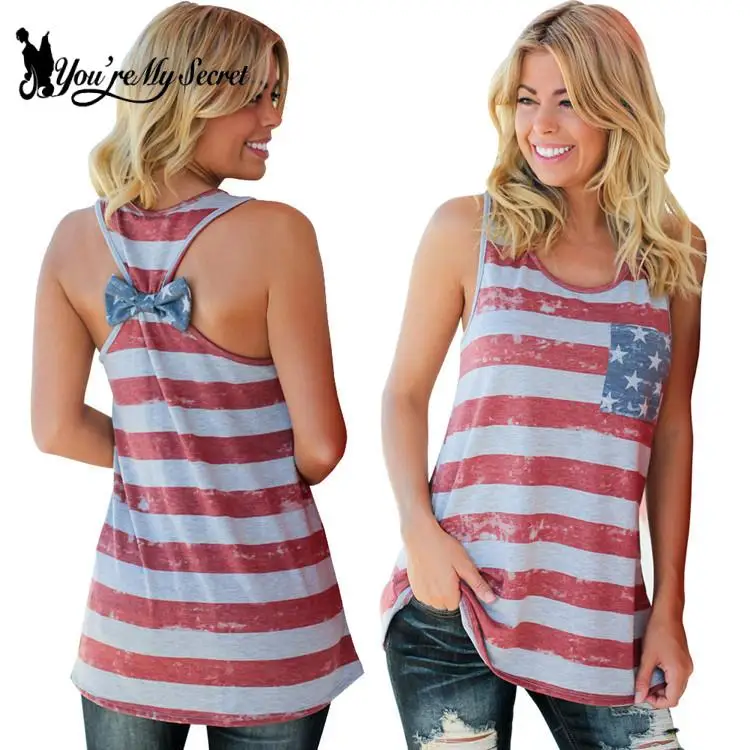 

Женская одежда [You Are My Secret], Новый Свободный Повседневный Топ без рукавов с принтом флага и открытыми плечами в полоску
