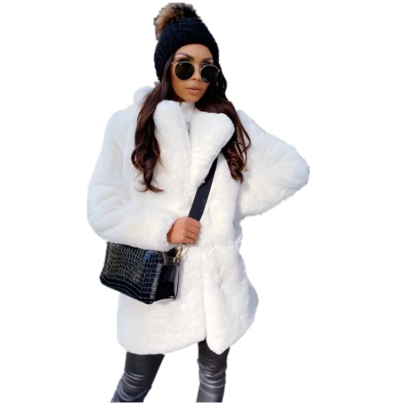 Faux Fur Coat Autumn and Winter European and American Temperament Commuter Long Sleeve Lapel Solid Color Warm Coat Women's Fur