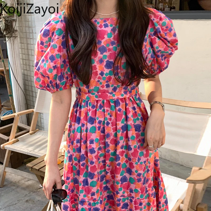 

Koijizayoi Floral Women Summer Dress Korean O Neck Patchwork Pleated Midi-length Dresses Puff Sleeve A Line Vestidos De Mujer