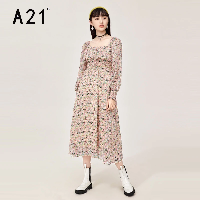 

A21 Chic Apricot Women Floral Pring Long Dress Spring 2022 Square Collar Long Sleeve Female Elegant Chiffon Midi Ruffles Dress