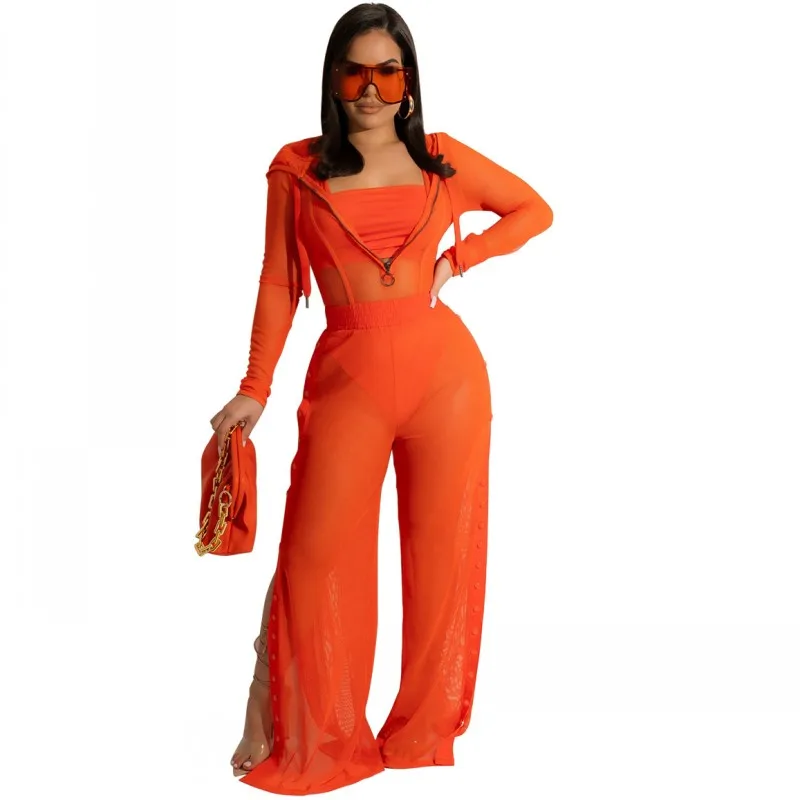

Summer New Solid Color Perspective 3 Piece Women's Sexy Tube Top + Jumpsuit + Pants Matching Wide Leg Pants Suit Beach Vacation