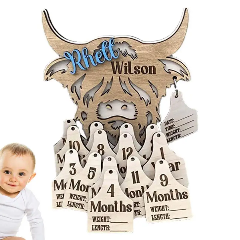 Highland Cow Milestone Markers Wooden Cow Label Monthly Infant Milestone 15 Pcs Rustic Wooden Herd Cattle Newborn Photography