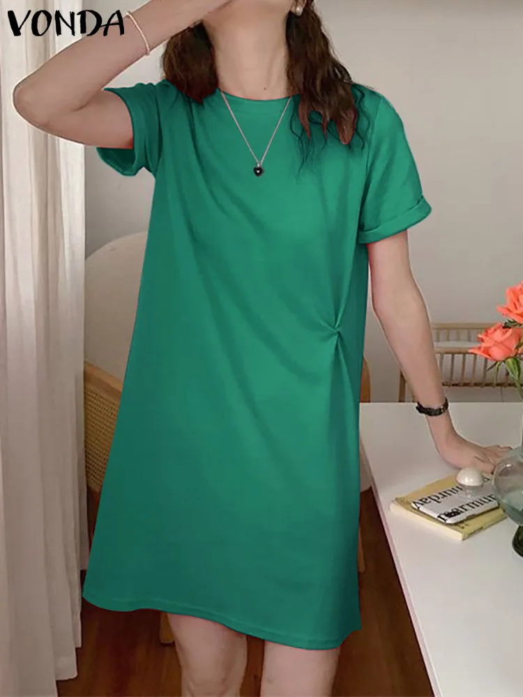 

VONDA Stylish Female Casual Short Sleeve Party Tunic Robe Women Fashion Summer Vestidos Crew Neck Holiday Mini Dress Oversized