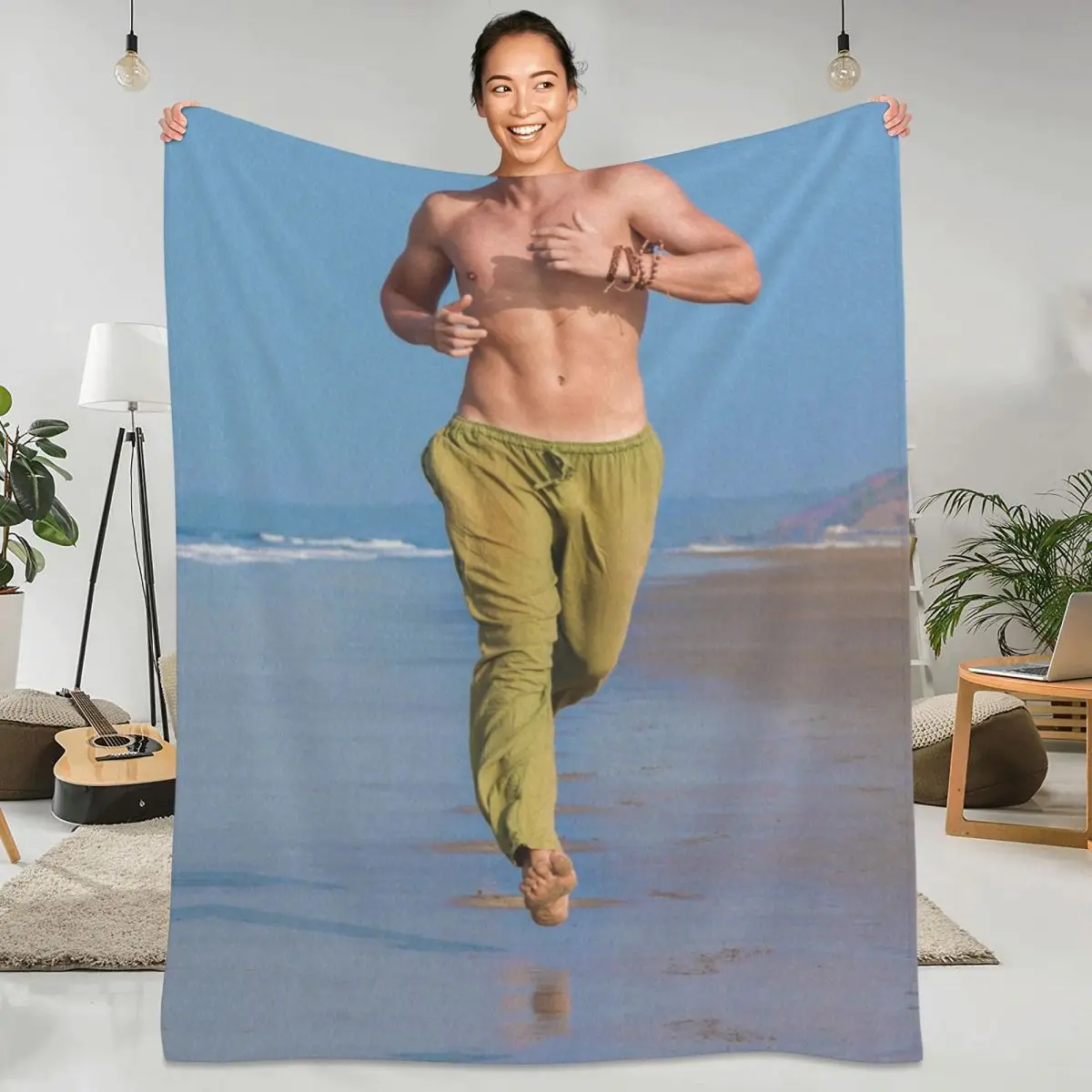 

Man Running On Beach Prank Blanket Lose Weight in Dream Picnic Super Soft Blanket Cheap Luxury Fleece Bedspread