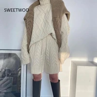 autumn winter 2 pieces chic womens sets knitted tracksuit 2022 new turtleneck sweater and straight shors pullover suits fashion