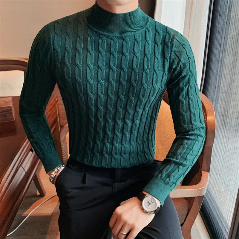 High-neck Sweater 2022  Autumn and Winter Men's British Slim Twist Knit Sweater Pullover Long-sleeved Jacquard Bottoming Casual
