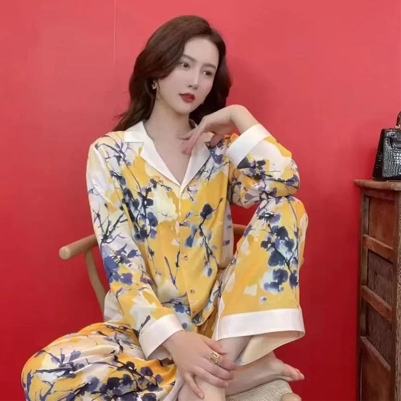 

Женский пижамный комплект с цветочным принтом, весна-лето, сатиновая Женская Роскошная Пижама, Пижамный костюм с длинным рукавом, новинка 2022, Пижама для женщин
