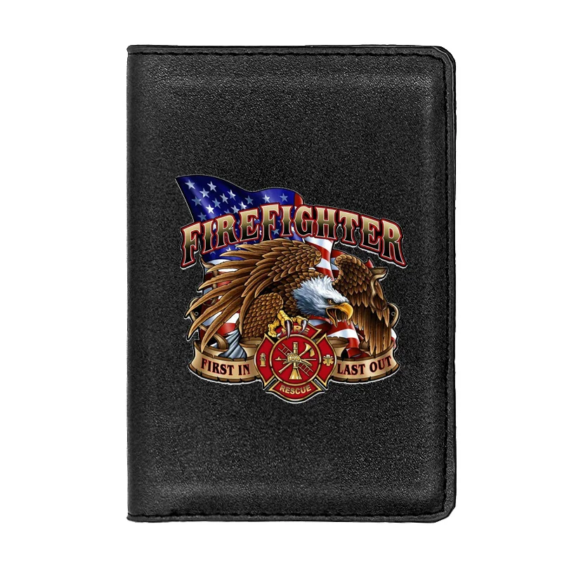 

Black Fashion American Firefighter Passport Cover Leather Men Slim ID Card Holder Pocket Wallet Case Travel Accessories BL3468