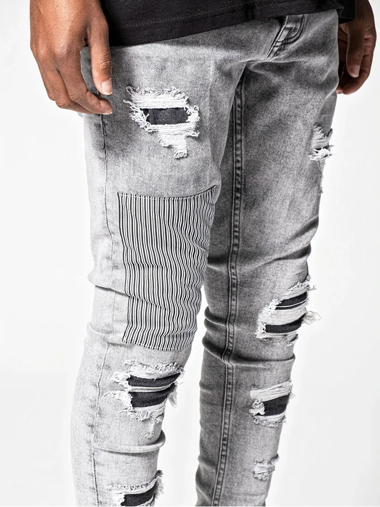 Retro Ripped Distressed Jeans for Men Beggar Patch Patchwork Washed Hip Hop Slim Fit Denim Trousers Man Casual Jean Pants