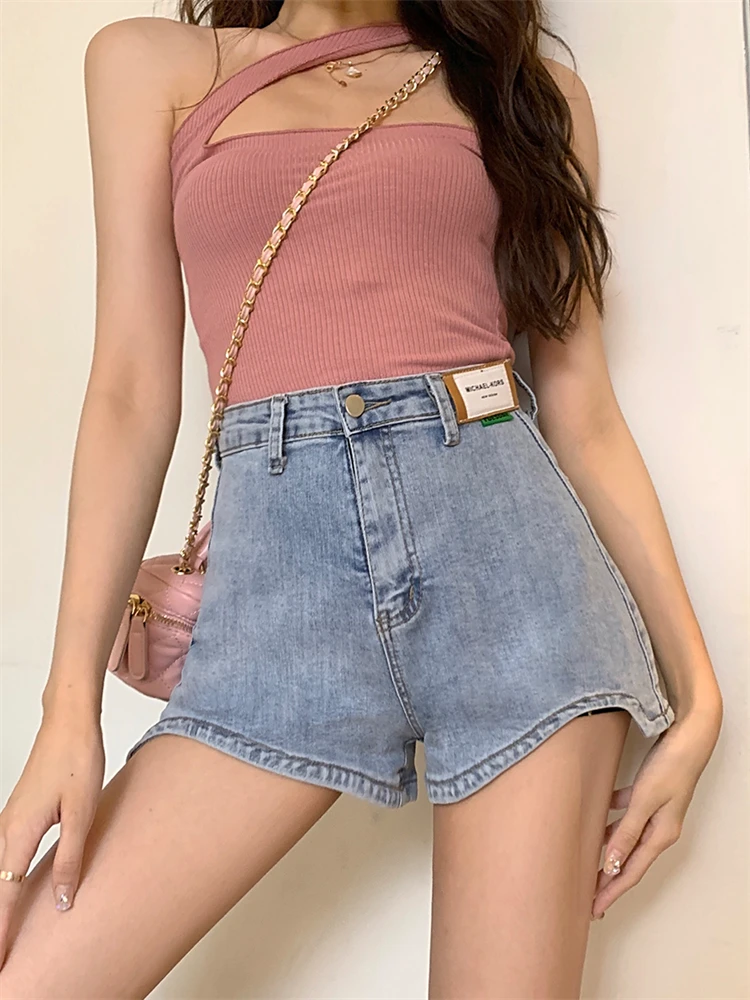 Solid Color Irregular Blue Denim Super Shorts Women's Summer American Street Casual A-Line Hot Girl Elastic Mini Shorts Female