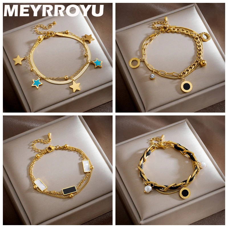 

MEYRROYU 316 Stainless Steel Vintage Star Heart Pendant Double Layer Beads Chain Bracelet For Women Wedding Gifts Bijoux Pulsera