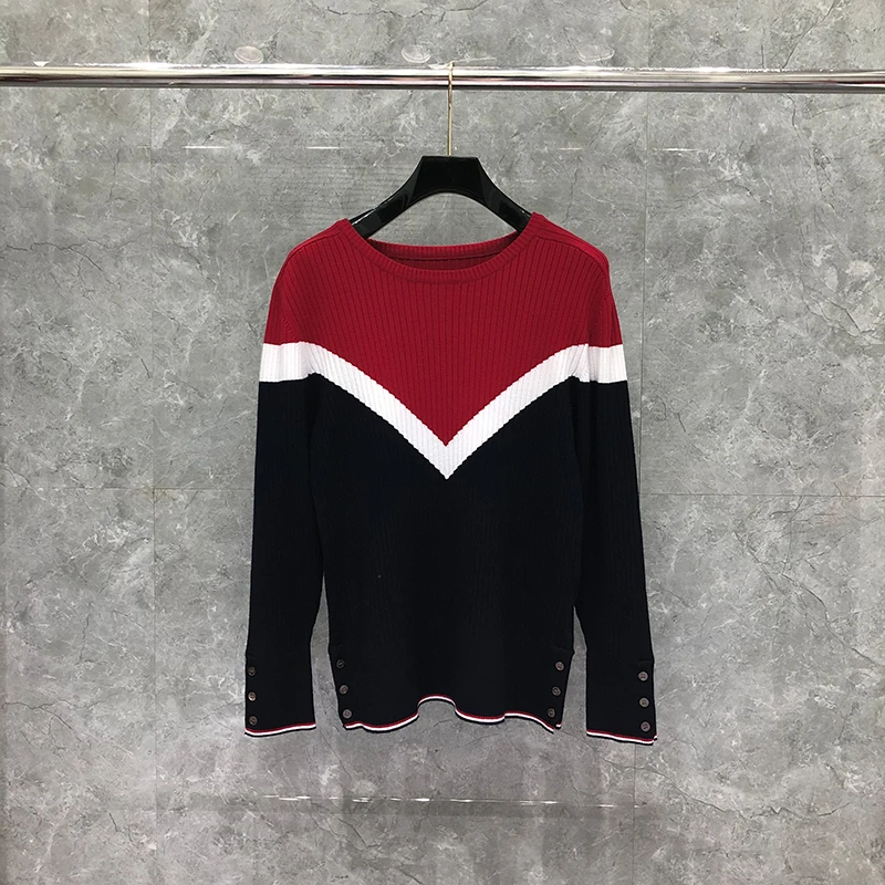 TB THOM Men‘s Sweaters Red Black Mixed ColorsLoose Spliced O-Neck Pullovers Clothing Patchwork Wool Retro Winter Casual Coat