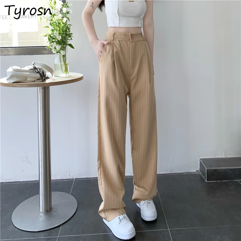 

Casual Pants Women Striped Design New Pockets High Waist Korean Style Ladies Simple All-match Streetwear Daily Spring Trousers