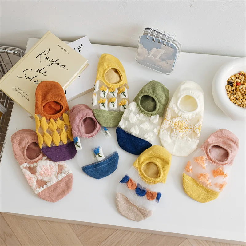 

Summer Invisible Ultra-thin Anti-slip Socks Transparent Crystal Silk No Show Socks Women's Lace Silicone Low Cut Ankle Boat Sock
