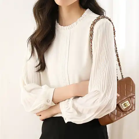 Spring Office Lady White Shirt Elegant Female Clothing Fashion Long Sleeve O-Neck Chiffon Blouse Casual Woman Tops Blusas 24846