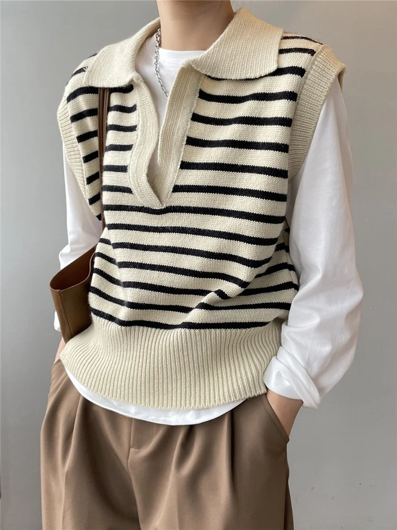 

Spring Autumn Fashion Loose Elegant Striped Sleeveless Knitted Vests Women OL Ladies Sweater Vest Vintage Pullovers Knitwear