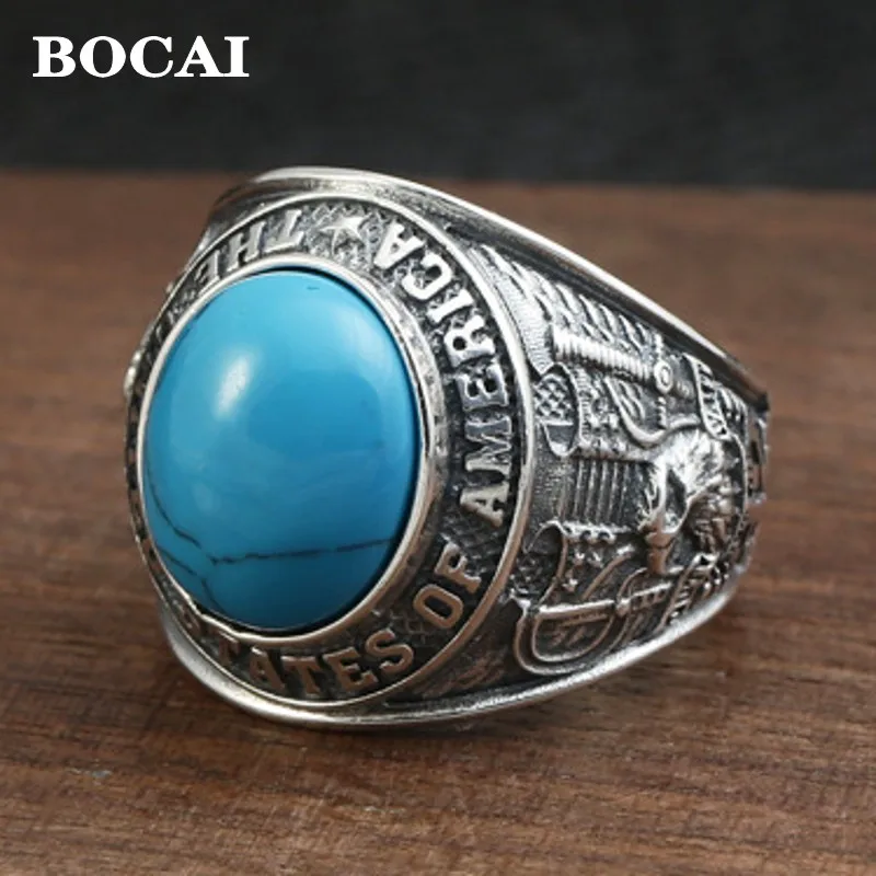 

BOCAI Real S925 Silver Jewelry Retro Classic Inlaid With Turquoise Eagle Pattern Trendy Personality Men's Ring Birthday Gift