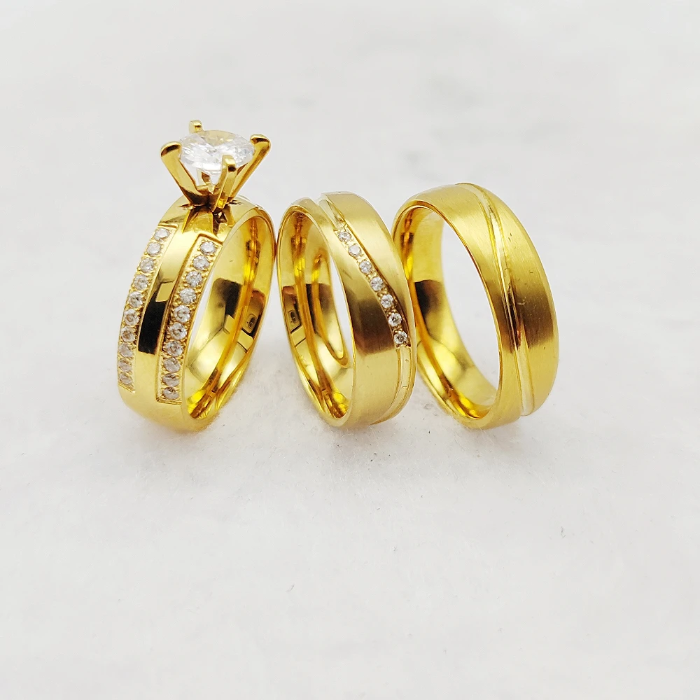 Jewelry Store Display Designer Titanium Engagement Couple Ring Zircon Wedding Rings 24K Gold Plated Indian Bridal Sets