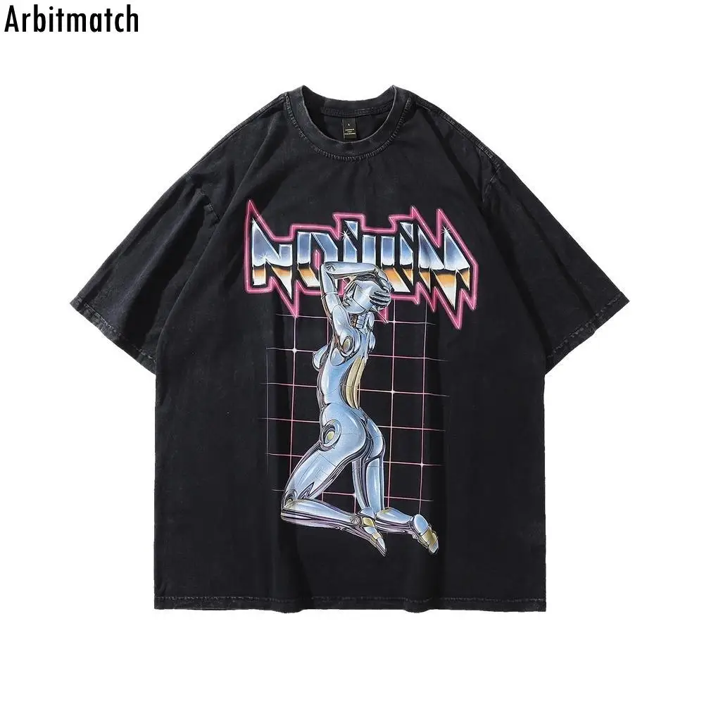 

Футболка женская с принтом в стиле хип-хоп, уличная одежда с принтом робота, хлопковая рубашка с коротким рукавом, топ с принтом в стиле Хара...