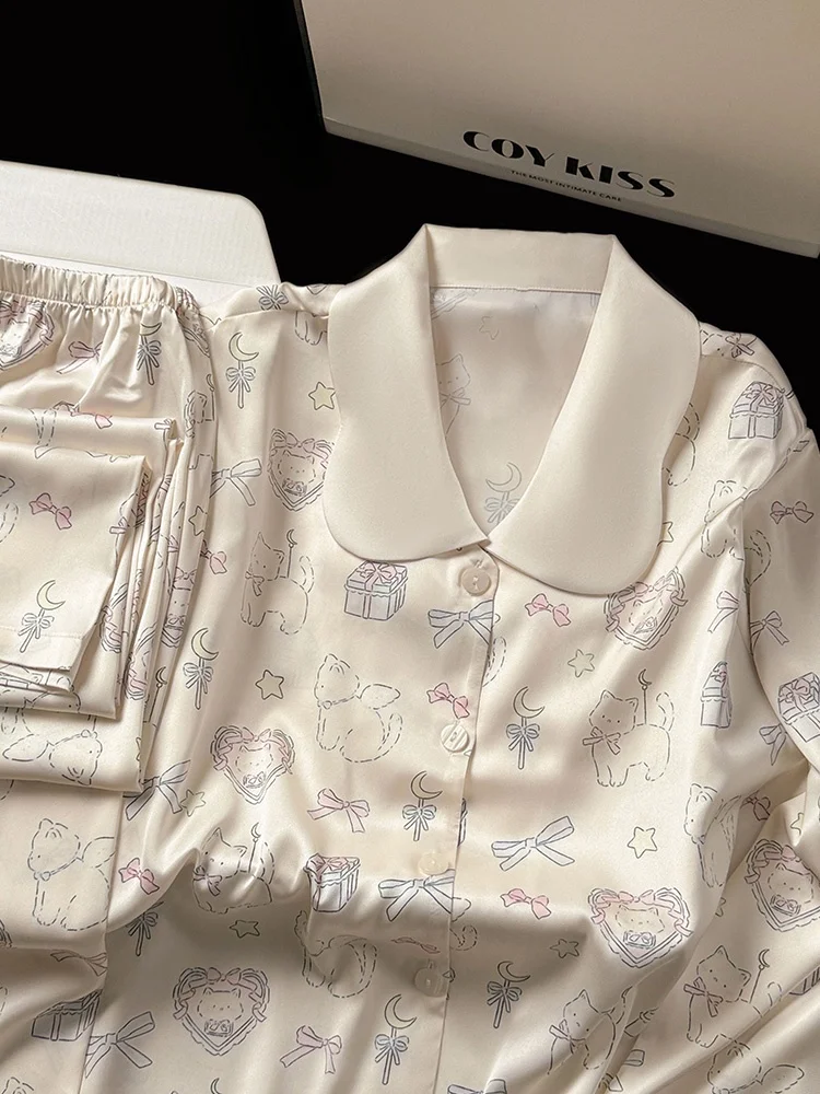 Coy Kiss2024 новые шелковые осенние и зимние пижамы женские милые ретро кукольный
