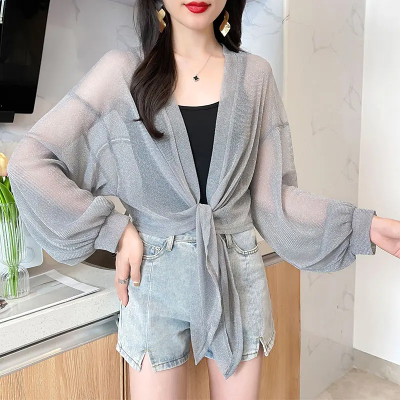 

Grey White Puff Long Sleeve Women Cardigan Semi-Sheer Female Sexy Shinny Perspective Shrugs Women Cape Jackets