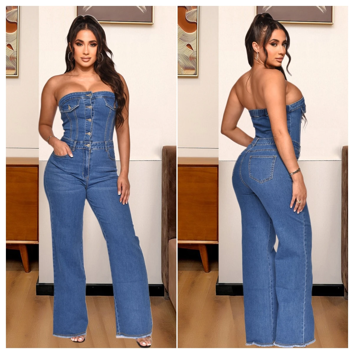 Strapless Blue Denim Jumpsuit Women's 2023 Summer New Korean Fashion Button Down Jeans Overalls Female Wide Leg Pants Jumpsuits