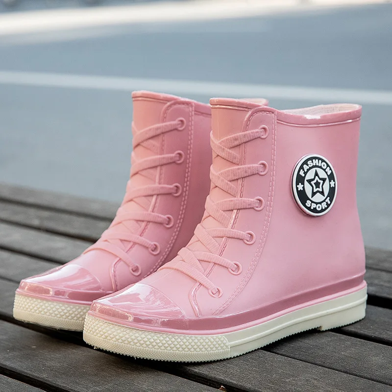 Fashion Solid Color Round Toe Women's Short Boots Waterproof Rainboots with Platform and Warm Cotton for Students, Anti-Slip